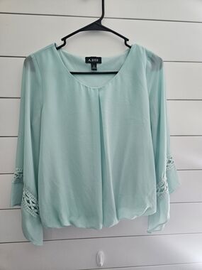 A. Byer Light Mint Green Blouse with Crochet Trim Sleeves